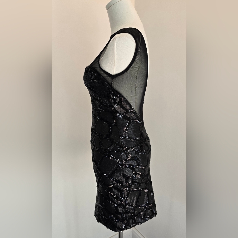 NWT Dress the Population Black Sequin Bodycon Mini Dress Mesh Neckline V Back XS - Picture 3 of 14